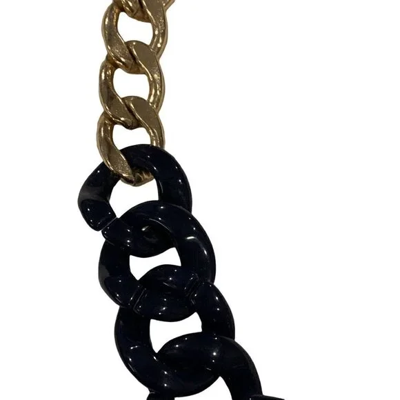 Aldo Statement Necklace Navy Blue Gold Big Chunky Bold Chain Retro Classic - Picture 2 of 12